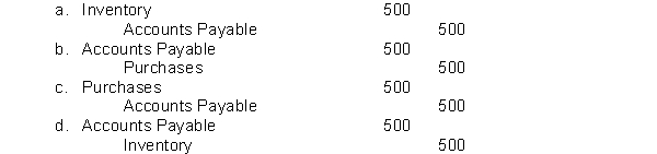 Erin Corporation purchases $500 of merchandise on credit. Using the periodic inventory approach, Erin would record this transaction as: