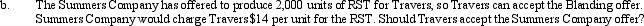Travers Corporation is working at full production capacity producing 10,000 units of a unique product,RST.Manufacturing costs per unit for RST follow: The unit manufacturing overhead cost is based on a variable cost per unit of $2 and fixed costs of $30,000 (at full capacity of 10,000 units).The non-manufacturing costs,all variable,are $4 per unit,and the selling price is $20 per unit.A customer,Blanding Company,has asked Travers to produce 2,000 units of a modification of RST to be called XYZ.XYZ would require the same manufacturing processes as RST.Blanding Company has offered to share equally the non-manufacturing costs with Travers.XYZ will sell at $15 per unit. Required: