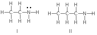 <strong>Which of the following is the correct Lewis structure for CH<sub>3</sub>(CH<sub>2</sub>)<sub>2</sub>NH<sub>2</sub>? </strong> A) I B) II C) III D) IV E) Both II and III