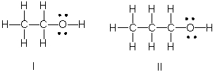 <strong>Which of the following is the correct Lewis structure for CH<sub>3</sub>(CH<sub>2</sub>)<sub>2</sub>OH? </strong> A) I B) II C) III D) IV E) Both II and III