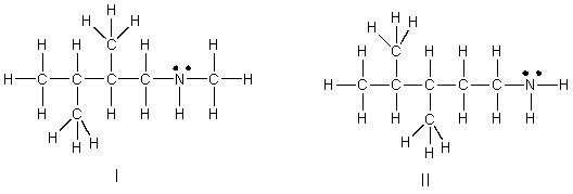 <strong>Which of the following is the correct Lewis structure for (CH<sub>3</sub>)<sub>3</sub>C(CH<sub>2</sub>)<sub>2</sub>NHCH<sub>3</sub>? </strong> A) I B) II C) III D) IV E) V