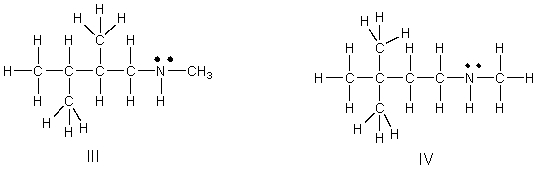 <strong>Which of the following is the correct Lewis structure for (CH<sub>3</sub>)<sub>3</sub>C(CH<sub>2</sub>)<sub>2</sub>NHCH<sub>3</sub>? </strong> A) I B) II C) III D) IV E) V