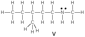 <strong>Which of the following is the correct Lewis structure for (CH<sub>3</sub>)<sub>3</sub>C(CH<sub>2</sub>)<sub>2</sub>NHCH<sub>3</sub>? </strong> A) I B) II C) III D) IV E) V