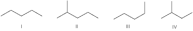 <strong>Which of the following bond-line structures are of the same compound? </strong> A) I and III B) II and III C) III and IV D) II and IV E) None of these