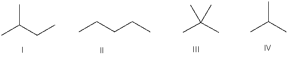 <strong>Which of the following is the correct bond-line structure for (CH<sub>3</sub>)<sub>4</sub>C? </strong> A) I B) II C) III D) IV E) None of these