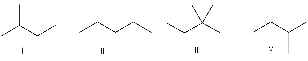 <strong>Which of the following is the correct bond-line structure for (CH<sub>3</sub>)<sub>2</sub>CHCH<sub>2</sub>CH<sub>3</sub>? </strong> A) I B) II C) III D) IV E) None of these