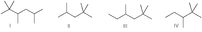 <strong>Which of the following is the correct bond-line structure for (CH<sub>3</sub>)<sub>2</sub>CHCH<sub>2</sub>C(CH<sub>3</sub>)<sub>3</sub>? </strong> A) I B) II C) III D) IV E) None of these