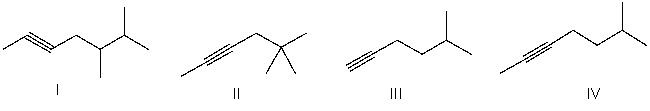<strong>Which of the following is the correct bond-line structure for CH<sub>3</sub>C≡C(CH<sub>2</sub>)<sub>2</sub>CH(CH<sub>3</sub>)<sub>2</sub>? </strong> A) I B) II C) III D) IV E) None of these
