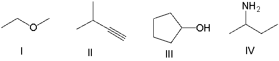 <strong>Which of the following compounds contain an amine functional group? </strong> A) I B) II C) III D) IV E) None of these