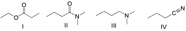 <strong>Which of the following compounds contain an amide functional group? </strong> A) I B) II C) III D) IV E) Both II and III