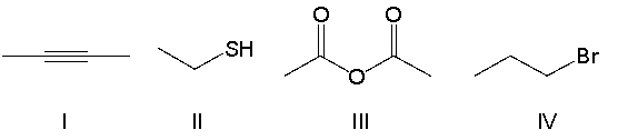 <strong>Which of the following compounds contain an anhydride functional group? </strong> A) I B) II C) III D) IV E) none of the above