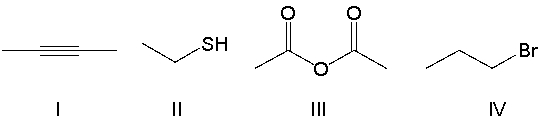 <strong>Which of the following compounds contain a thiol functional group? </strong> A) I B) II C) III D) IV E) none of the above