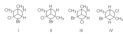 <strong>Which of the following is a Newman projection for the following compound as viewed down the indicated bond in the conformation shown? </strong> A) I B) II C) III D) IV