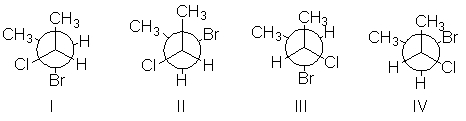 <strong>Which of the following is a Newman projection for the following compound as viewed down the indicated bond in the conformation shown? </strong> A) I B) II C) III D) IV