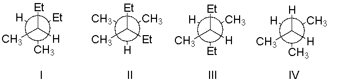 <strong>Which of the following is a Newman projection for the following compound as viewed down the indicated bond in the conformation shown? </strong> A) I B) II C) III D) IV