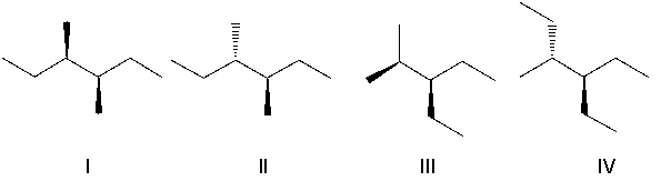 <strong>Which of the following is a wedge and dash structure for the following Newman projection? </strong> A) I B) II C) III D) IV