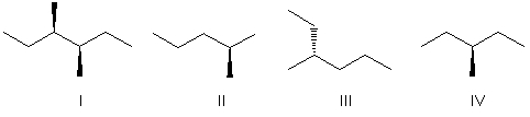 <strong>Which of the following is a wedge and dash structure for the following Newman projection? </strong> A) I B) II C) III D) IV
