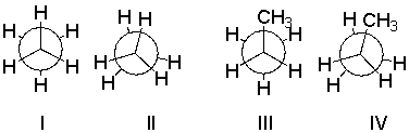 <strong>Which of the following is a Newman projection of an eclipsed conformation for ethane? </strong> A) I B) II C) III D) IV