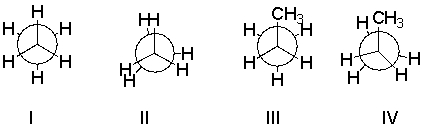 <strong>Which of the following is a Newman projection of a staggered conformation for ethane? </strong> A) I B) II C) III D) IV