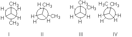 <strong>Which of the following is a gauche conformation for butane? </strong> A) I B) II C) III D) IV