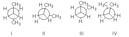 <strong>Which of the following is a CH<sub>3</sub>-H eclipsed conformation for butane? </strong> A) I B) II C) III D) IV