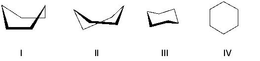 <strong>Which of the following is a boat conformation of cyclohexane? </strong> A) I B) II C) III D) IV