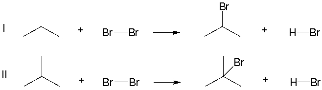 <strong>Later in the course, we will compare the halogenation of differently substituted carbons, comparing reactions like the ones below. Which of the following reactions has a more exothermic heat of reaction (∆H<sup>o</sup>)? </strong> A) Reaction I has a more exothermic heat of reaction (∆H<sup>o</sup>) B) Reaction II has a more exothermic heat of reaction (∆H<sup>o</sup>) C) Both reactions have the same heat of reaction (∆H<sup>o</sup>)
