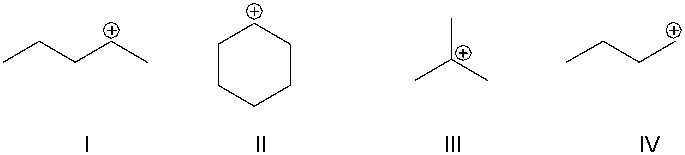 <strong>Which of the following is the most stable cation? </strong> A) I B) II C) III D) IV