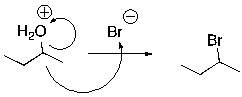 <strong>What is wrong with the following mechanism? </strong> A) There is no leaving group, so there should be no arrows. B) The arrow should be removing a proton from the H<sub>2</sub>O group. C) An arrow is also needed to indicate the loss of the leaving group. D) The arrow indicating the formation of the C-Br bond (nucleophilic attack) should start at the bromide anion.