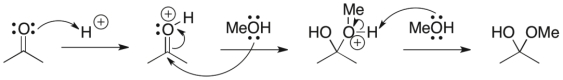 <strong>Identify the sequence of curved arrows (electron movement) in the steps of the following reaction. </strong> A) proton transfer, proton transfer, nucleophilic Attack B) proton transfer, loss of leaving group C) nucleophilic attack, proton transfer, loss of leaving group D) proton transfer, nucleophilic attack, proton transfer