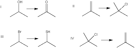 <strong>Which of the following is an elimination reaction? </strong> A) I B) II C) III D) IV
