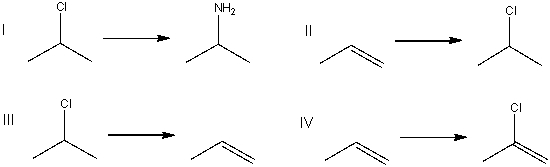 <strong>Which of the following is an elimination reaction? </strong> A) I B) II C) III D) IV