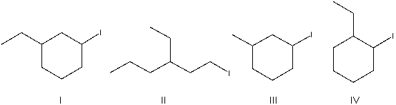 <strong>What is the correct structure for 3-ethyl-1-iodocyclohexane? </strong> A) I B) II C) III D) IV