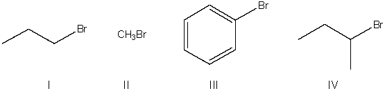 <strong>Rank the following compounds from most to least reactive in an S<sub>N</sub>2 reaction. </strong> A) I > IV > II > III B) II > I > IV > III C) III > IV > I > II D) IV > I > II > III E) IV > III > I > II