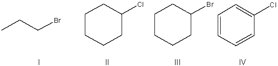 <strong>Rank the following compounds from most to least reactive in an S<sub>N</sub>2 reaction. </strong> A) I > IV > II > III B) II > I > IV > III C) III > IV > I > II D) I > III > II > IV E) IV > III > I > II