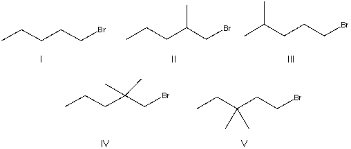 <strong>Which of the following alkyl halides will undergo the slowest S<sub>N</sub>2 reaction? </strong> A) I B) II C) III D) IV E) V