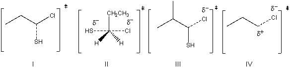 <strong>Draw the transition state for the following S<sub>N</sub>2 reaction. </strong> A) I B) II C) III D) IV
