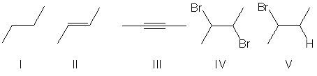 <strong>Which of the molecules below would be the expected product for the hydrohalogenation of the following alkene with HBr?    </strong> A) I B) II C) III D) IV E) V <div style=padding-top: 35px> 