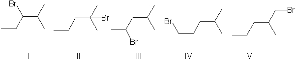<strong>What compound is the expected product upon Markovnikov hydrohalogenation with HBr of the alkene shown below?    </strong> A) I B) II C) III D) IV E) V <div style=padding-top: 35px> 