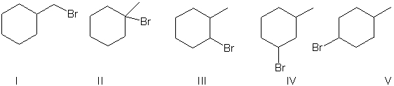 <strong>Which of the molecules below arises from the anti-Markovnikov hydrohalogenation with HBr of the alkene shown?    </strong> A) I B) II C) III D) IV E) V <div style=padding-top: 35px> 