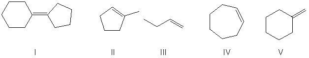 <strong>Which of the alkenes below would be expected to produce at least one chirality center upon hydrohalogenation in the presence of peroxide?  </strong> A) I B) II C) III D) IV E) V <div style=padding-top: 35px> 