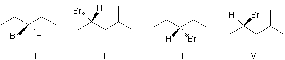 <strong>Which of the molecules below are enantiomers formed as products upon reaction of HBr with 4-methylpent-1-ene?  </strong> A) I and II B) II and III C) III and IV D) I and III E) II and IV <div style=padding-top: 35px> 