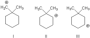 <strong>Which of the following carbocations is (are) likely to undergo rearrangement through a methyl shift?  </strong> A) I B) II C) III D) I and II E) II and III <div style=padding-top: 35px> 
