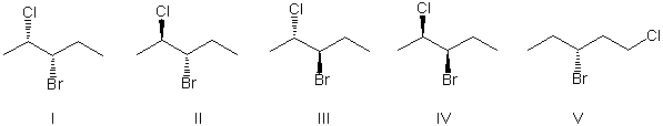 <strong>What is the expected major product(s) of HCl addition to the alkene below?    </strong> A) II B) II and III C) I and IV D) V E) I and II <div style=padding-top: 35px> 