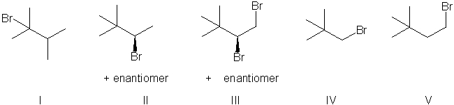 <strong>What are the expected major product(s) of HBr addition to the alkene shown below?    </strong> A) I B) II C) III D) IV E) V <div style=padding-top: 35px> 