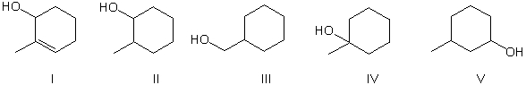 <strong>Identify the major product from the treatment of 1-methylcyclohexene with H<sub>3</sub>O<sup>+</sup>.  </strong> A) I and III B) II C) III and V D) IV E) I, III and V <div style=padding-top: 35px> 