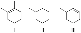 <strong>The three compounds below can form a carbocation under aqueous acidic conditions. Which ones will form the same carbocation?  </strong> A) I and II B) I and III C) II and III D) All three will form the same carbocation <div style=padding-top: 35px> 