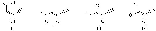 <strong>Which structure shown below represents (Z)-3,5-dichloro-3-hexen-1-yne? </strong> A) I B) II C) III D) IV E) I and II are both correct