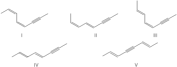 <strong>Which of the following is the structure for (2E,4E)-octa-2,4-dien-6-yne? </strong> A) I B) II C) III D) IV E) V