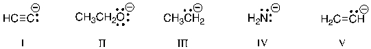 <strong>Rank the following bases in order of decreasing basicity. </strong> A) III > I > V > II > IV B) III > V > IV > I> II C) V > I > III > II > IV D) III > IV > II > V > I E) IV > II > I > III > V